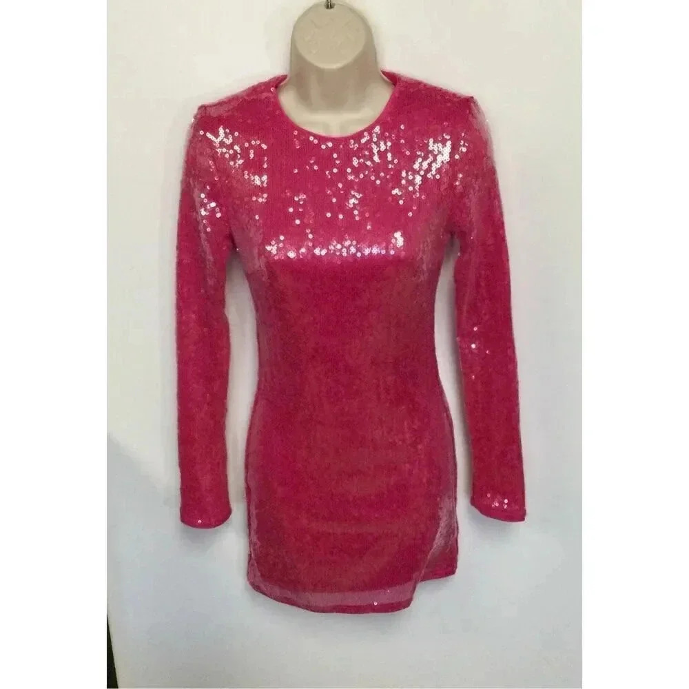 Lulus Womens Size XS All Over Sequin Mini Dress‎ Pink Lined Long Sleeves